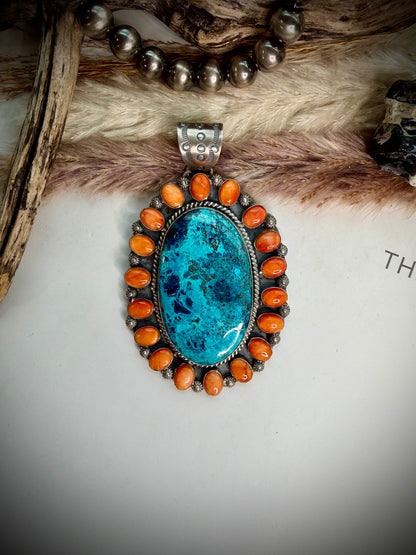 Chrysocolla & Orange Spiny Pendant