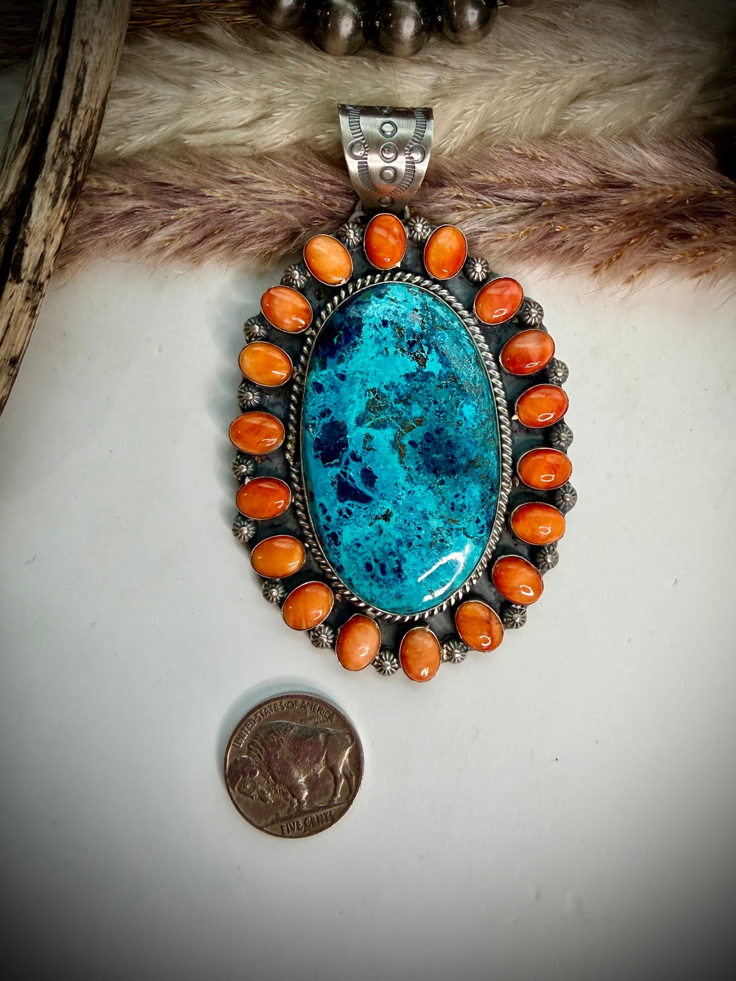 Chrysocolla & Orange Spiny Pendant