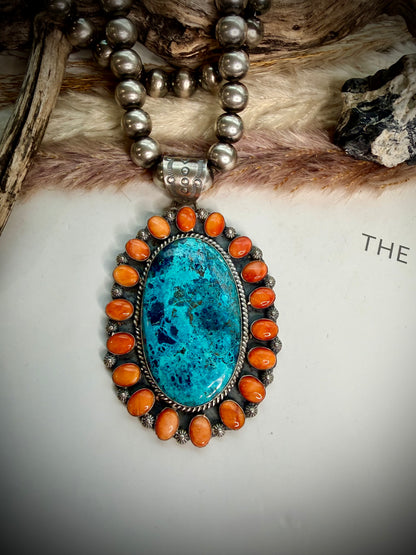 Chrysocolla & Orange Spiny Pendant