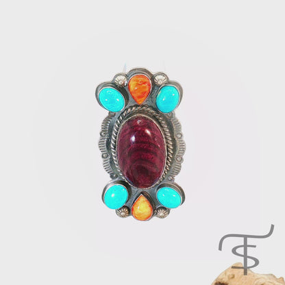 Turquoise, Red Spiny and Purple Split Stone Ring